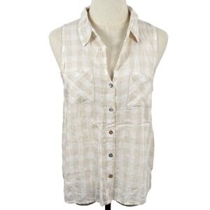 Just Living S Sleeveless Plaid Linen Blend Button Down Shirt Coastal Neutral GUC